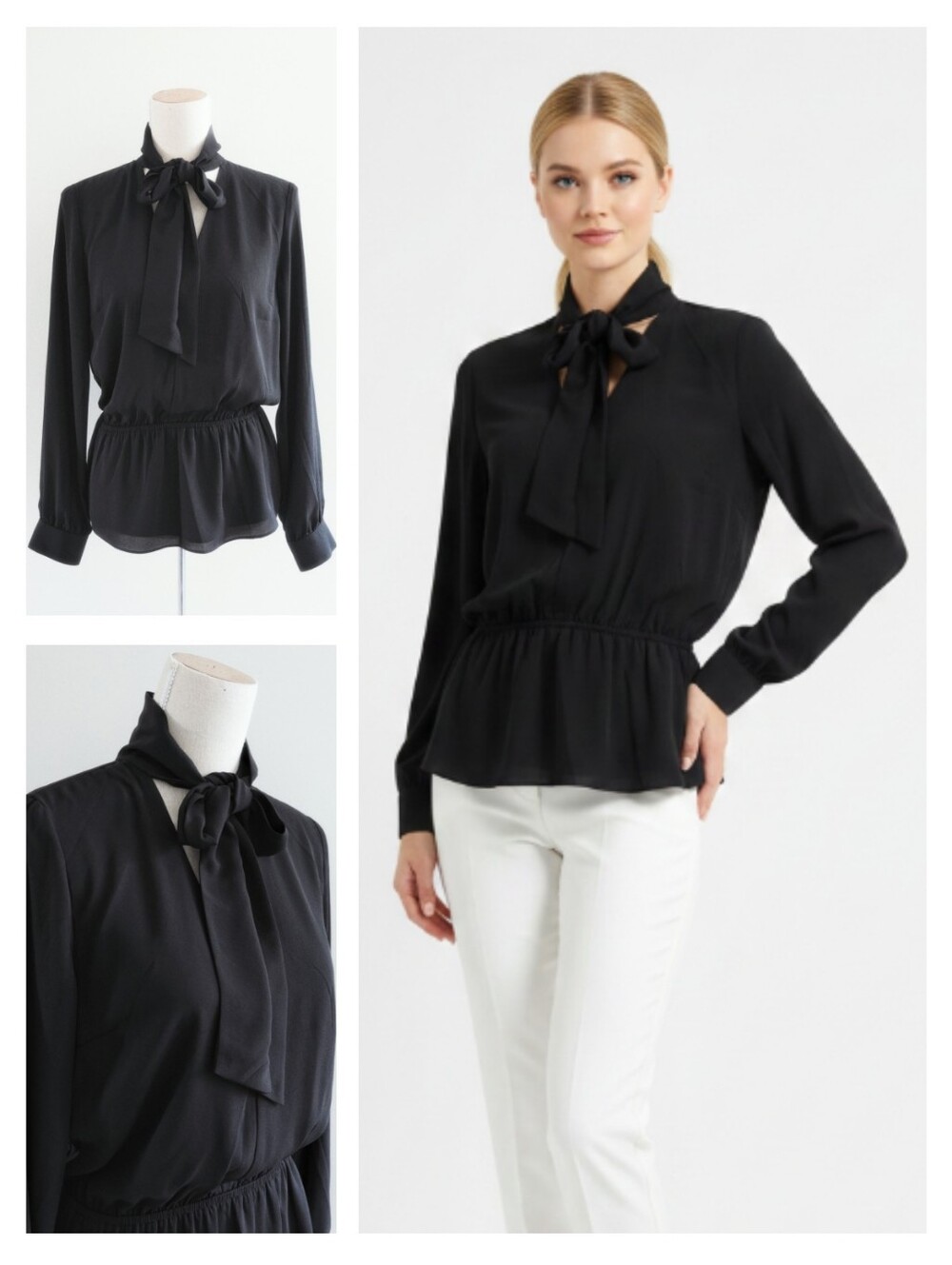 Babaton Black Tie Neck Bow Long Sleeve Blouse Top Aritzia